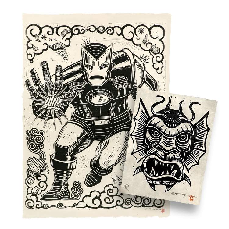 Attack Peter - Iron Man Hand Stamp w/Bonus Fin Fang Foom - Artist Proof Black Print ( Limited to 25)